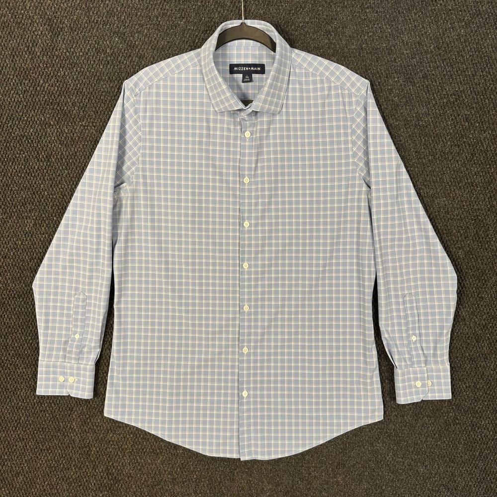 Mizzen+Main Performance Dress Shirt Mens L Trim Fit Blue Plaid Button Up